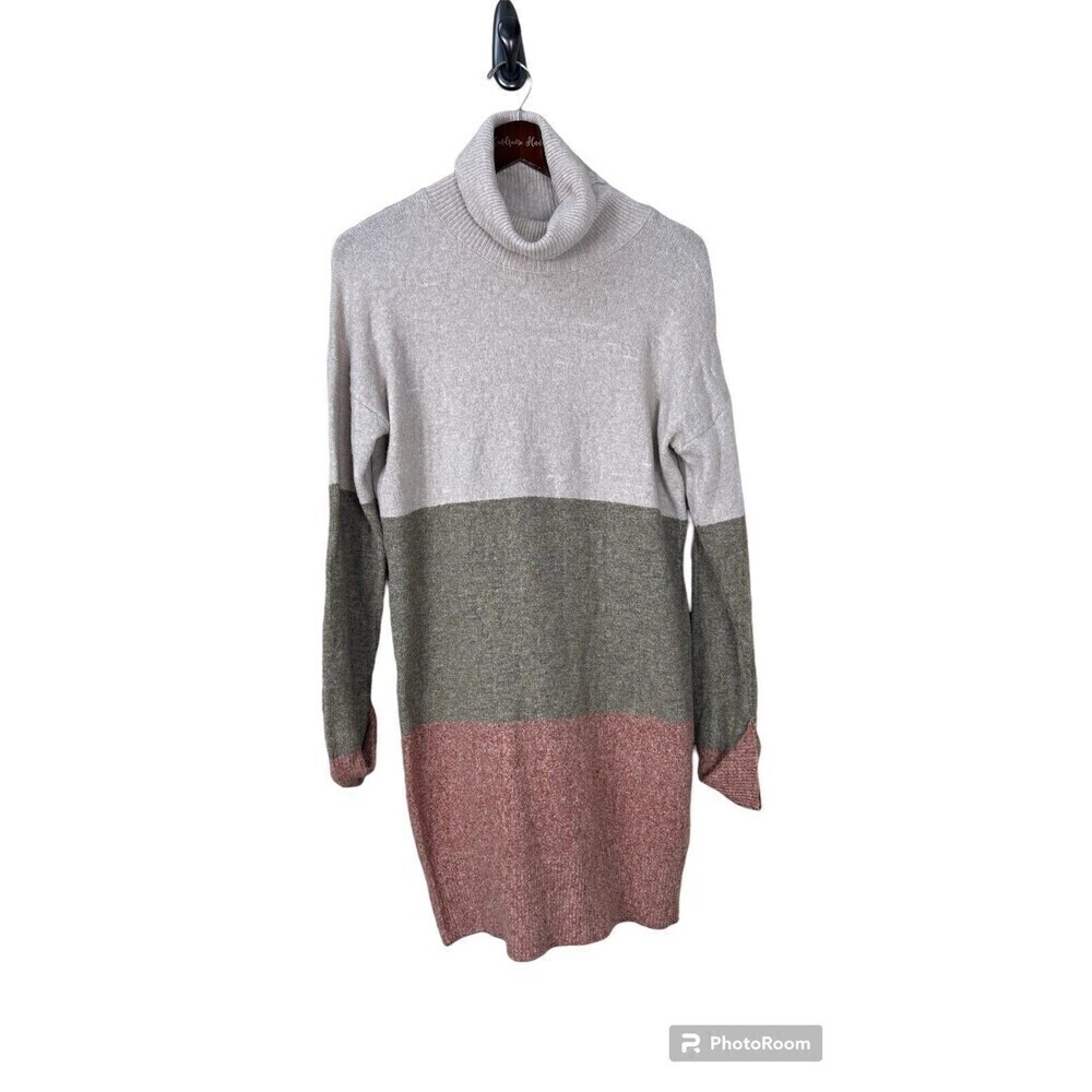 Rachel Roy Women XS Turtle Neck‎ Sweater Dress Beige Red Stripe Long Sleeve T4